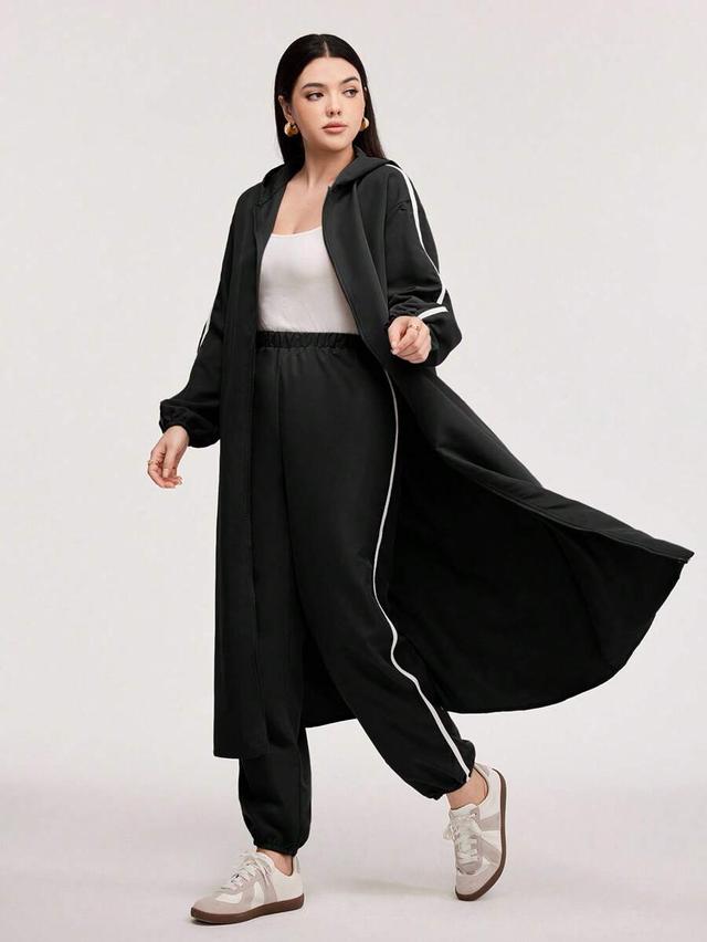 black drop shoulder contrast binding zip front coat
