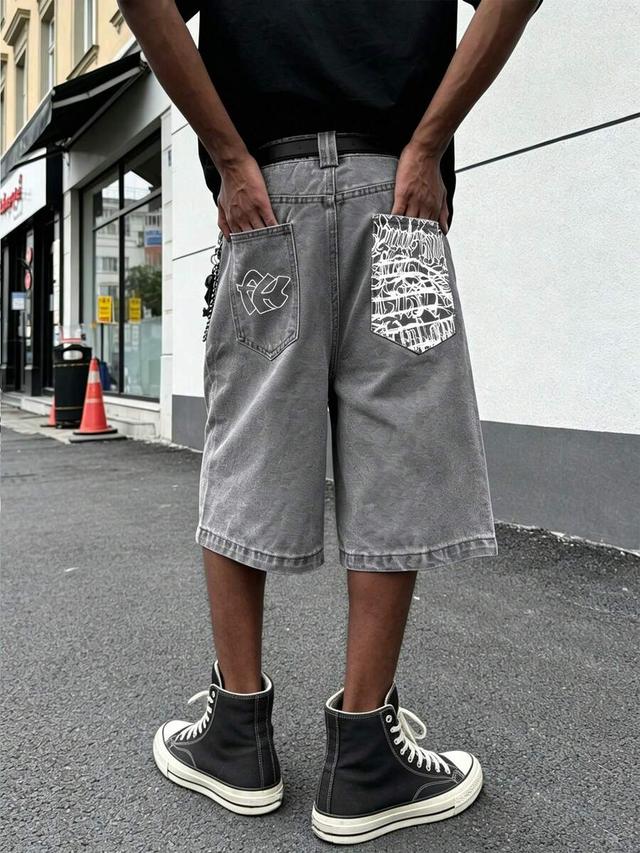 globeswift men's grey denim embroidered graphic print shorts