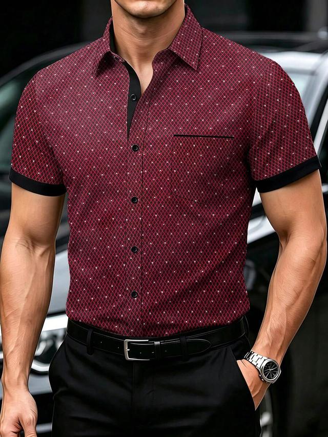 burgundy diamond print short sleeve button down shirt