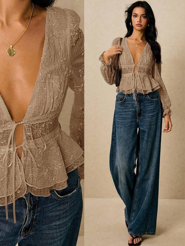 khaki floral embroidered tie front ruffle hem blouse