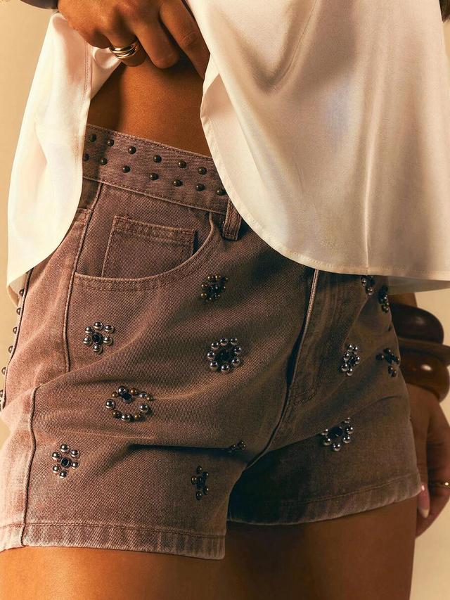 athiral denim casual shorts with beaded decor