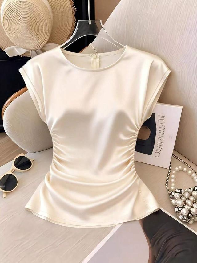 elegant cream white satin pleated waist blouse