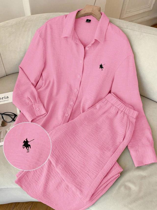 pink textured long sleeve shirt and wide-leg pants set