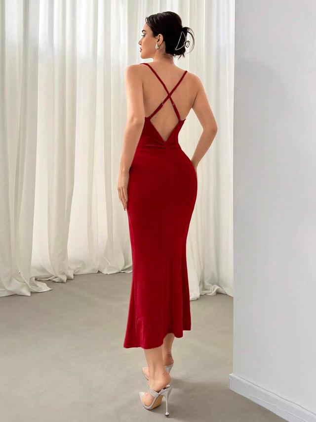 aloruh red textured criss cross backless bodycon dress
