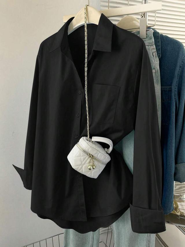 black long sleeve single-breasted casual loose shirt