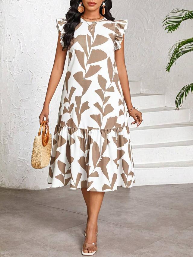tropical plant print ruffle hem casual summer dress