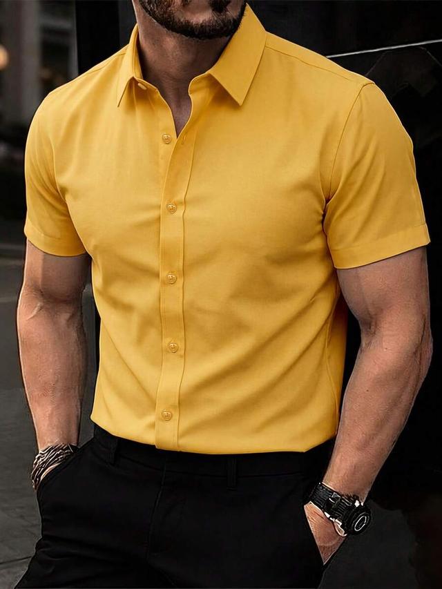 yellow short sleeve button down casual shirt