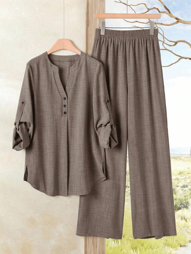solid brown notched neck roll-up sleeve blouse set