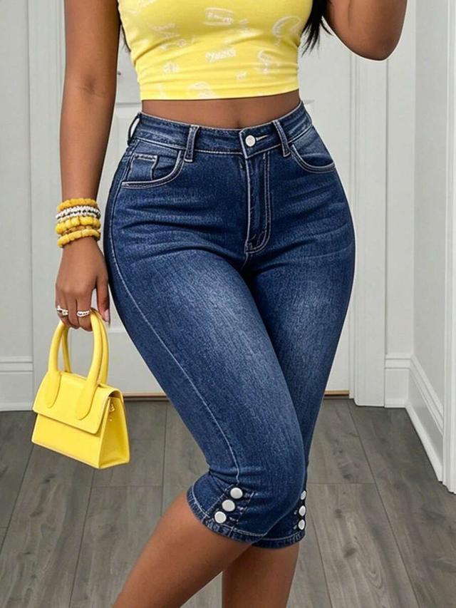 mid rise stretch denim capri jeans with button hem