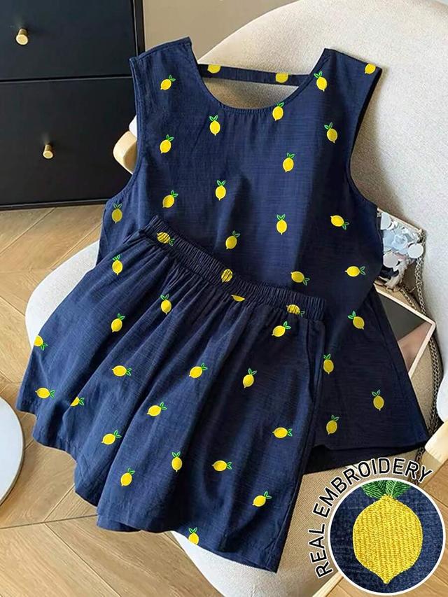 navy blue lemon embroidered faux linen tank and shorts set