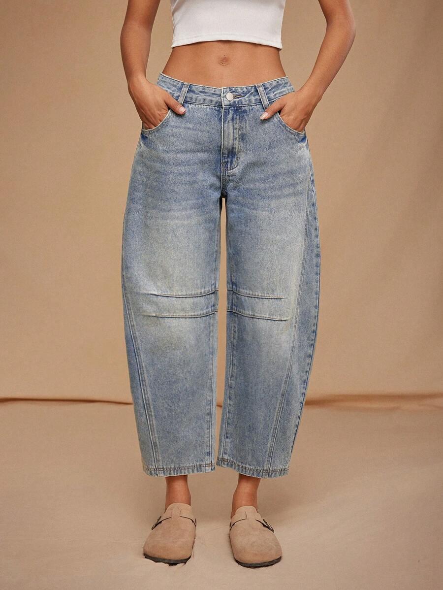 low-waist distressed baggy ankle-length denim jeans