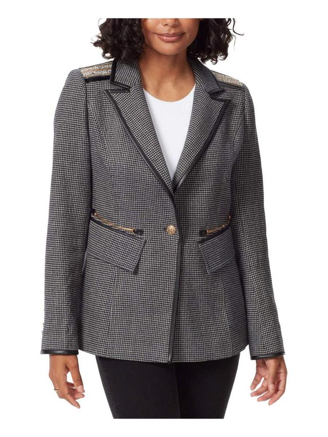 houndstooth embellished blazer with faux leather trim