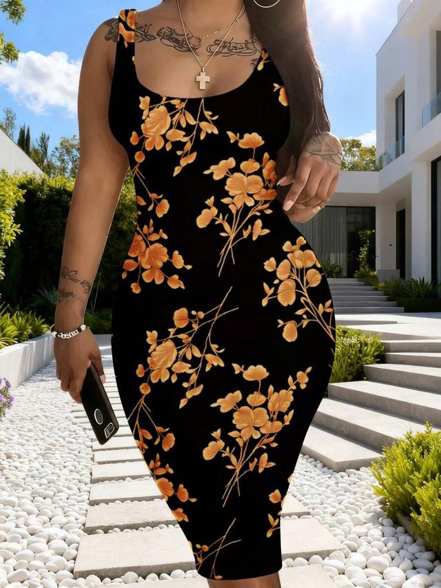 floral orange print women's bodycon dress