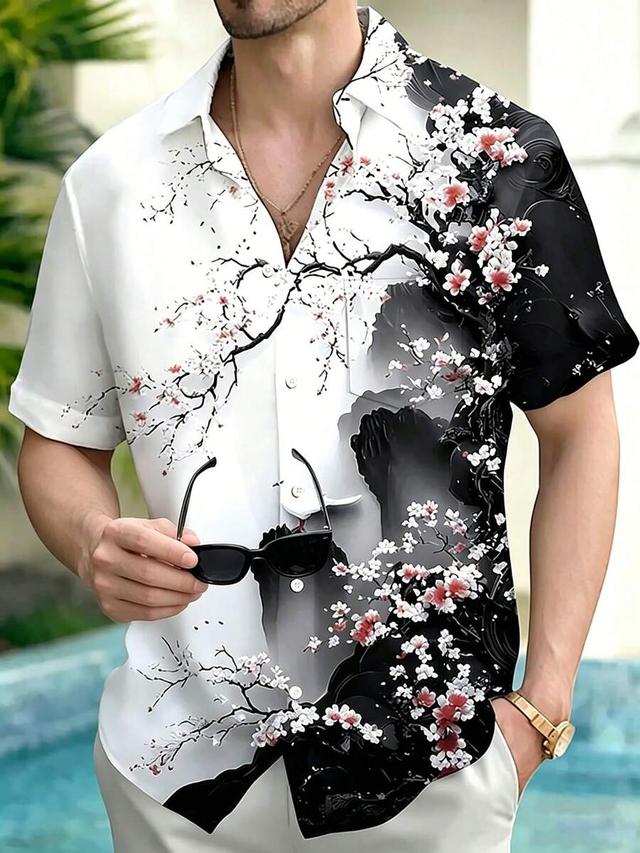 floral landscape print men's button pocket short sleeve shirt