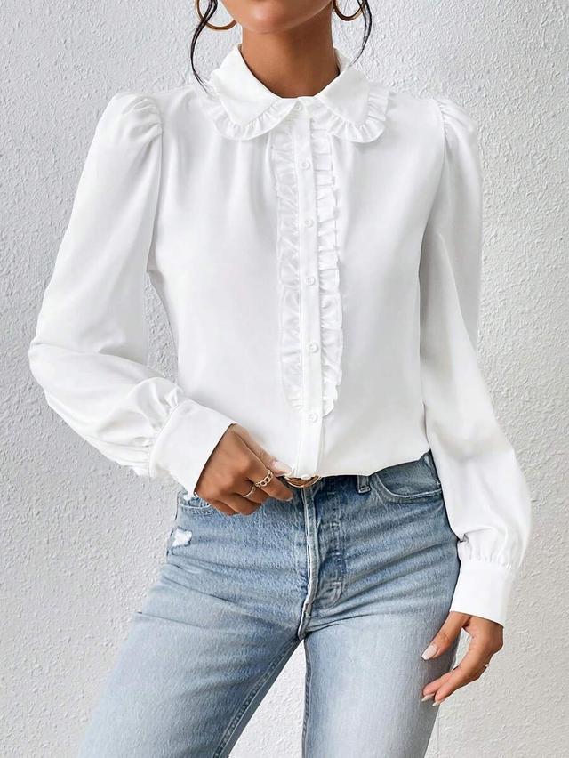 white frill trim puff sleeve long sleeve blouse