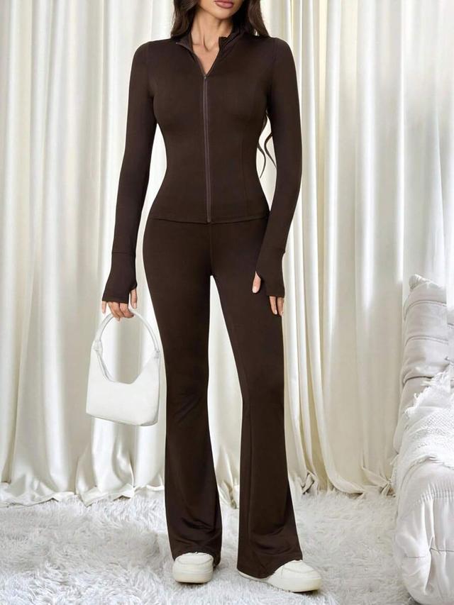 brown long sleeve zip-up top and flared pants set