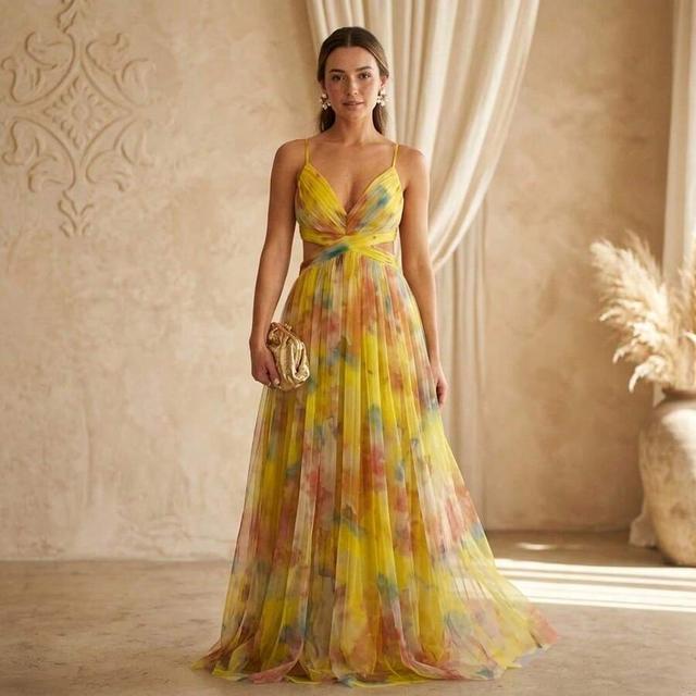 yellow watercolor print pleated chiffon maxi dress