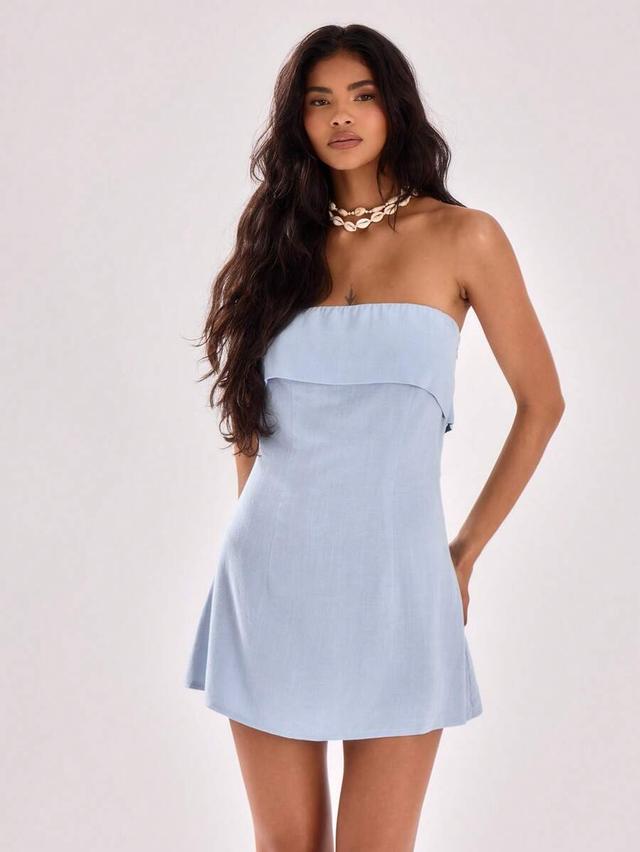 musera light blue linen blend strapless swing dress