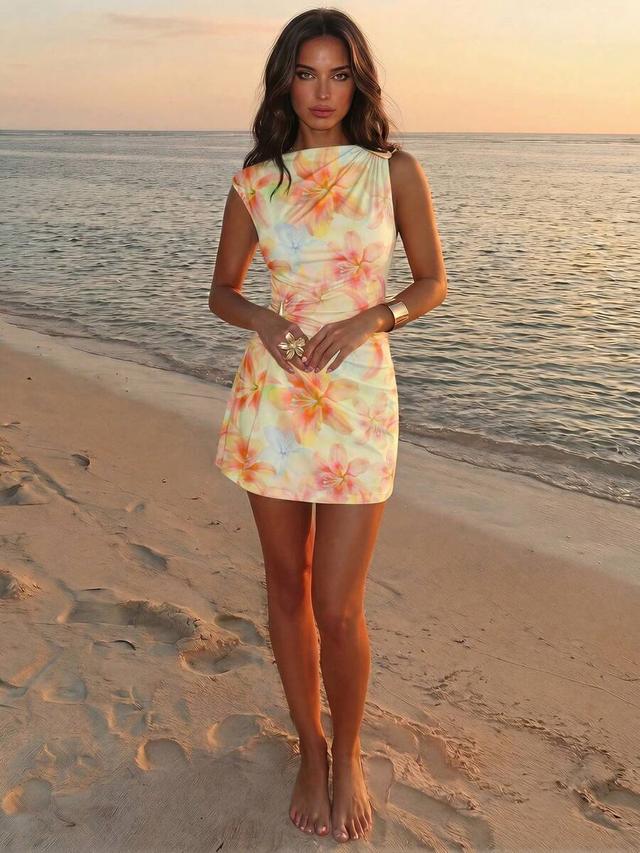 aloruh elegant tropical lily print ruched mini dress