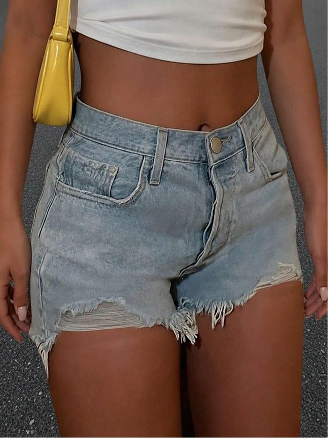 light wash distressed denim raw hem shorts