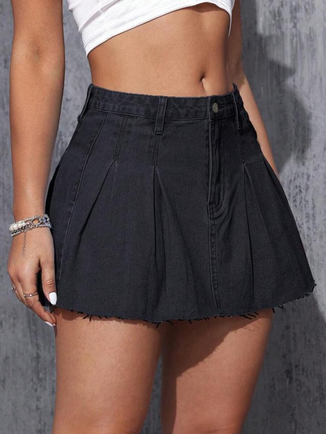 black denim pleated mini skirt with raw hem