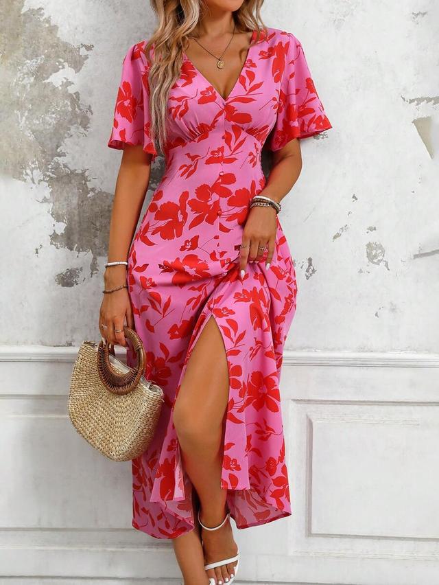 tropical plant print v-neck ruffle sleeve maxi dress