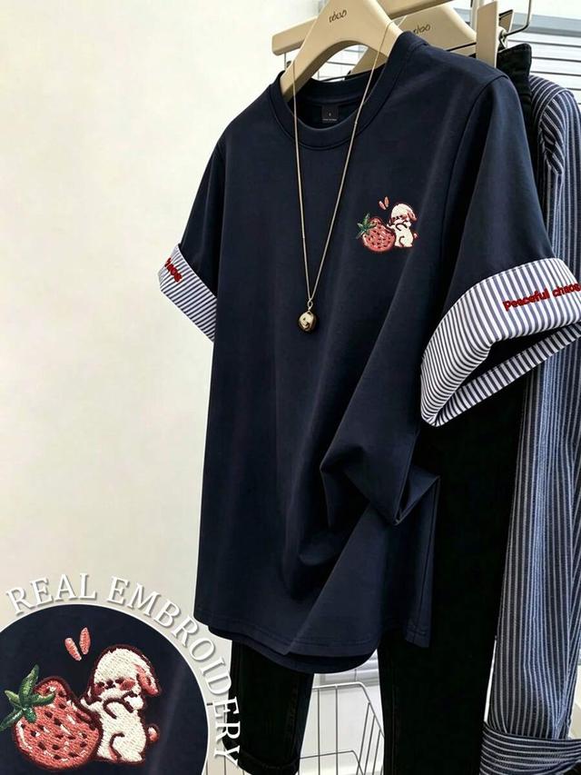 navy cotton round neck cartoon print casual top