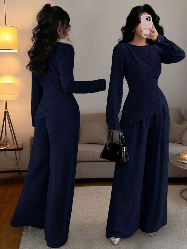solid navy blue asymmetrical hem long sleeve set