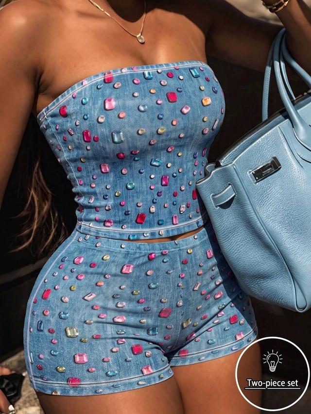 rhinestone embellished denim strapless top and shorts set