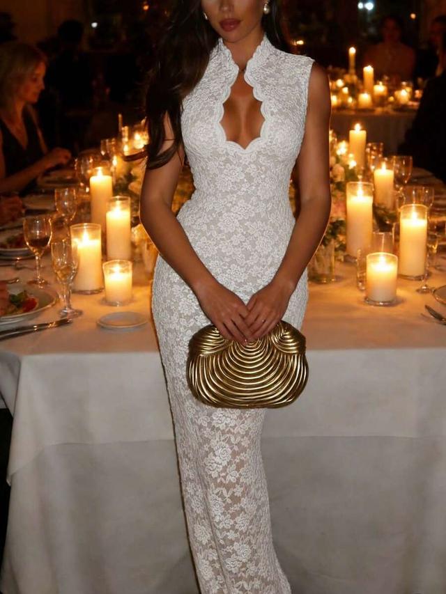 white lace teardrop collar sleeveless fitted evening gown
