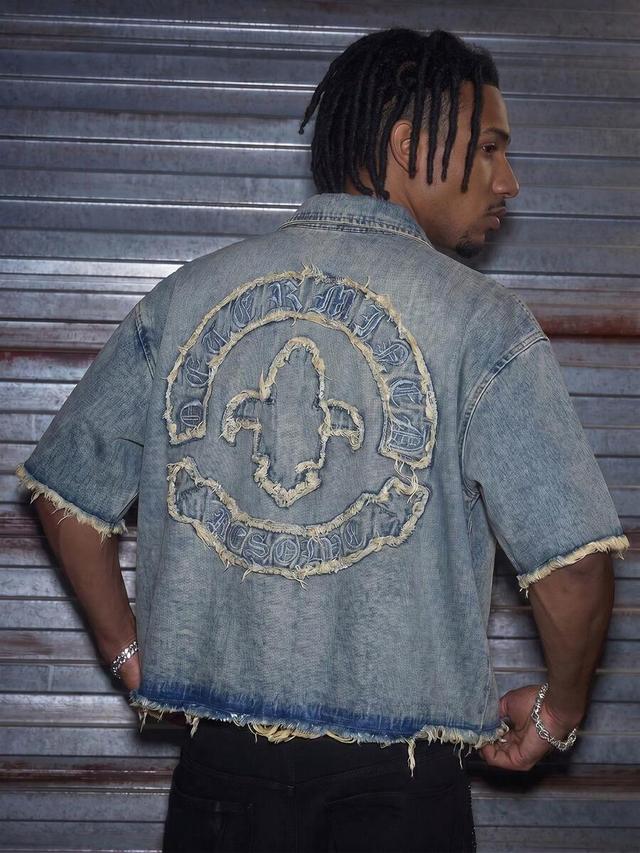 distressed light wash denim short sleeve button jacket