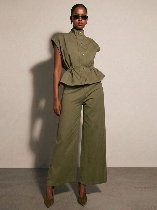 olive green denim collared peplum top and pants set
