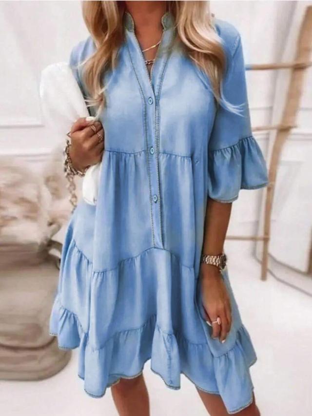 light blue tiered chambray button-down dress