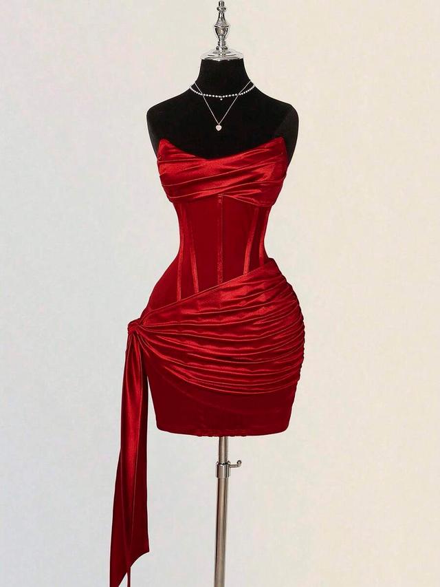 burgundy red satin corset mini dress with draped side