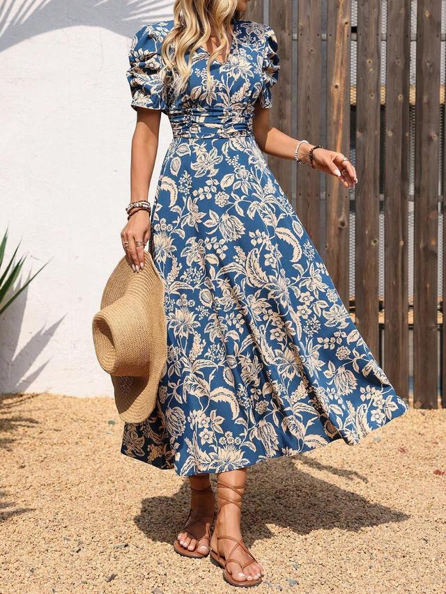 blue floral print puff sleeve midi dress