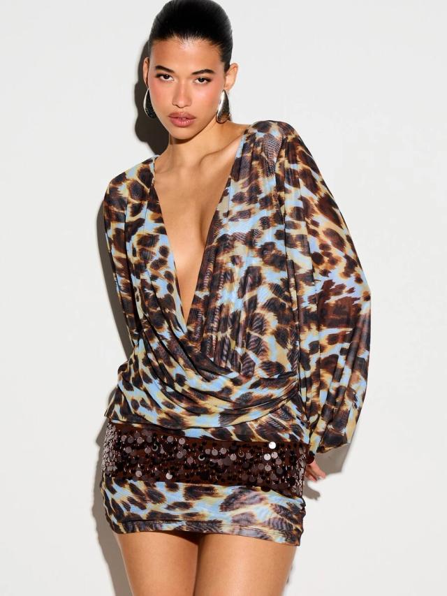 animal print sequin trim drape mini dress