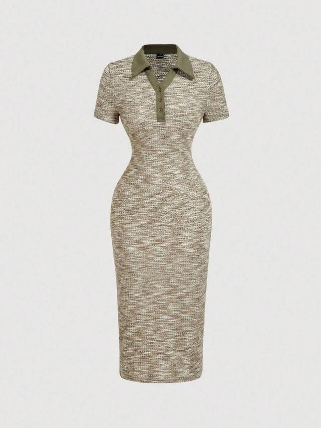 collared short sleeve tweed knit midi dress