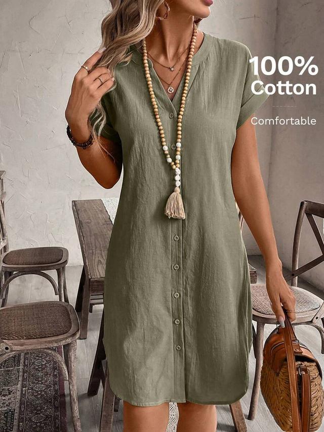 olive green cotton button-down shirt dress