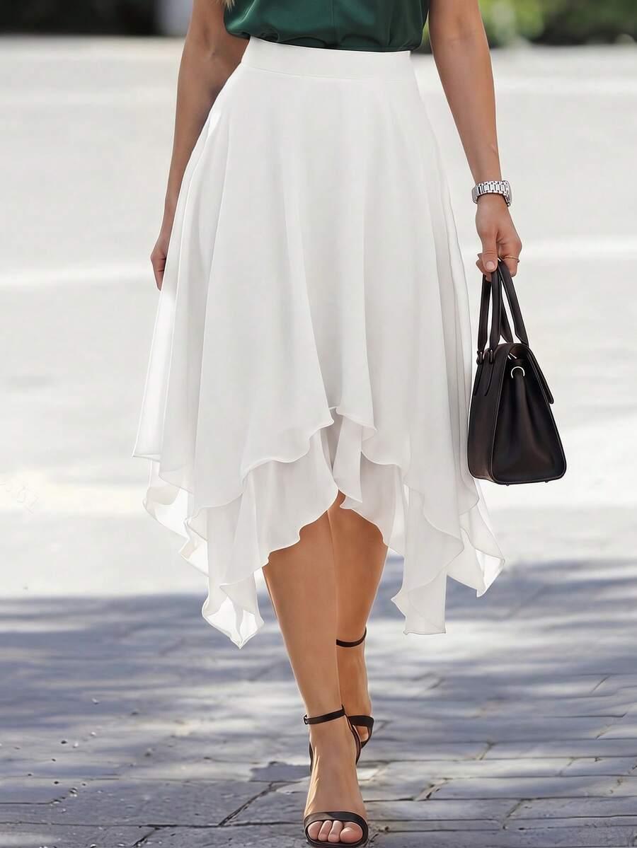 elegant white chiffon asymmetric ruffled hem flowy skirt