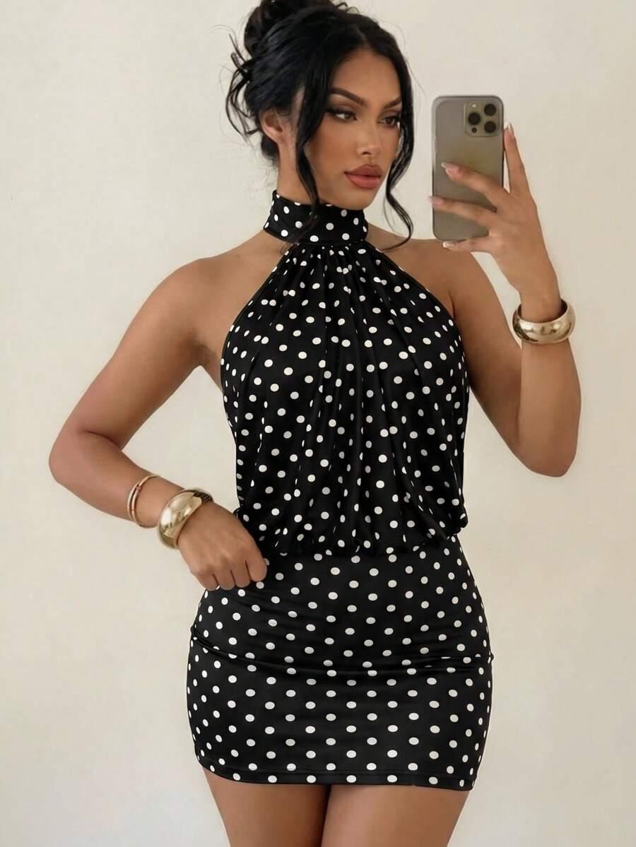 black and white polka dot halter bodycon dress