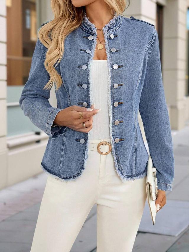 denim military style jacket with frayed edges