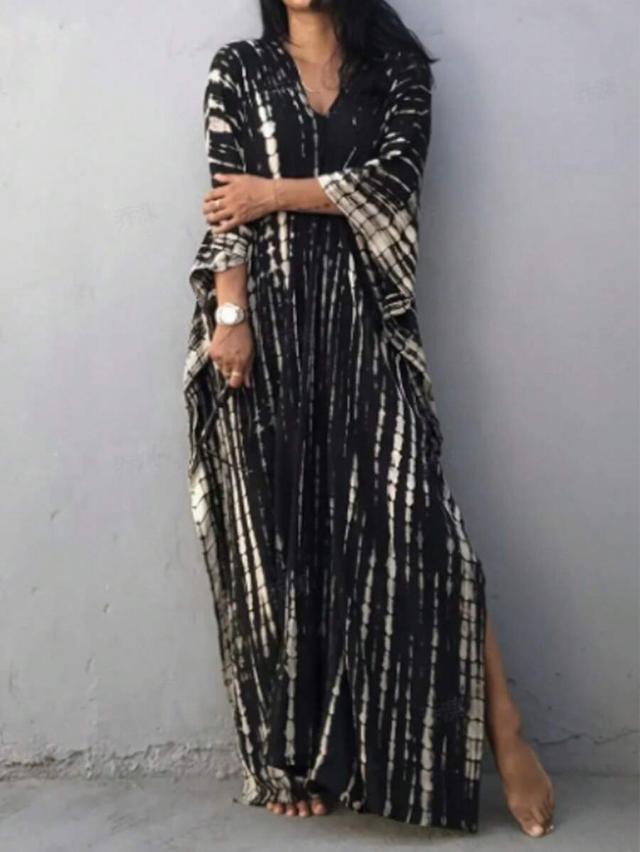 black and white striped batwing v-neck maxi dress