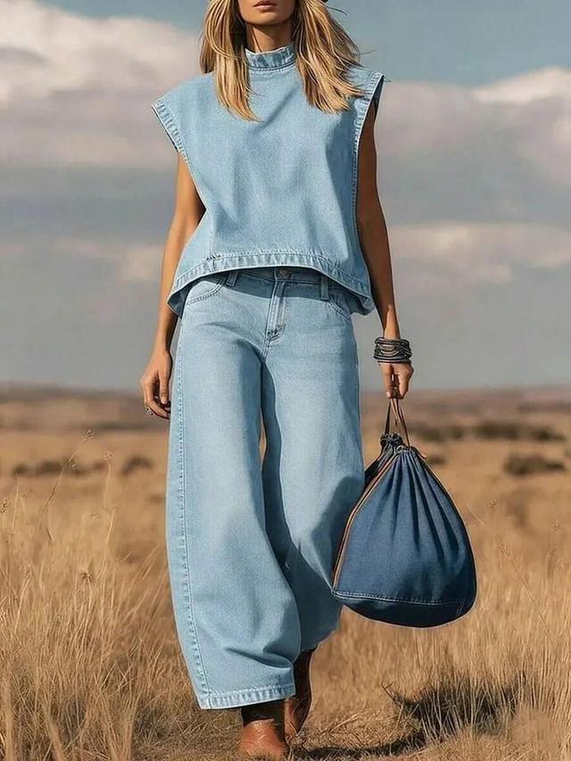 light blue stand-up collar sleeveless casual loose denim top