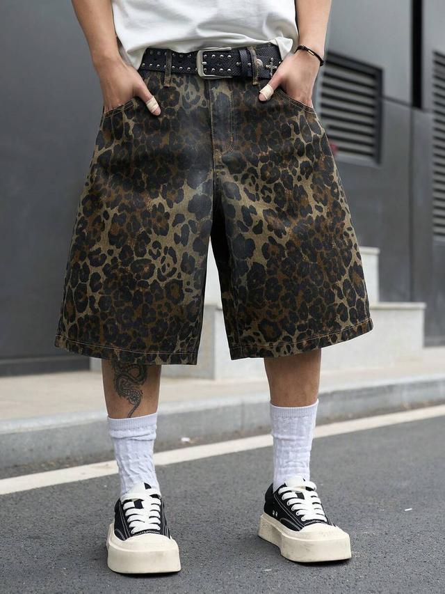leopard print distressed denim casual shorts