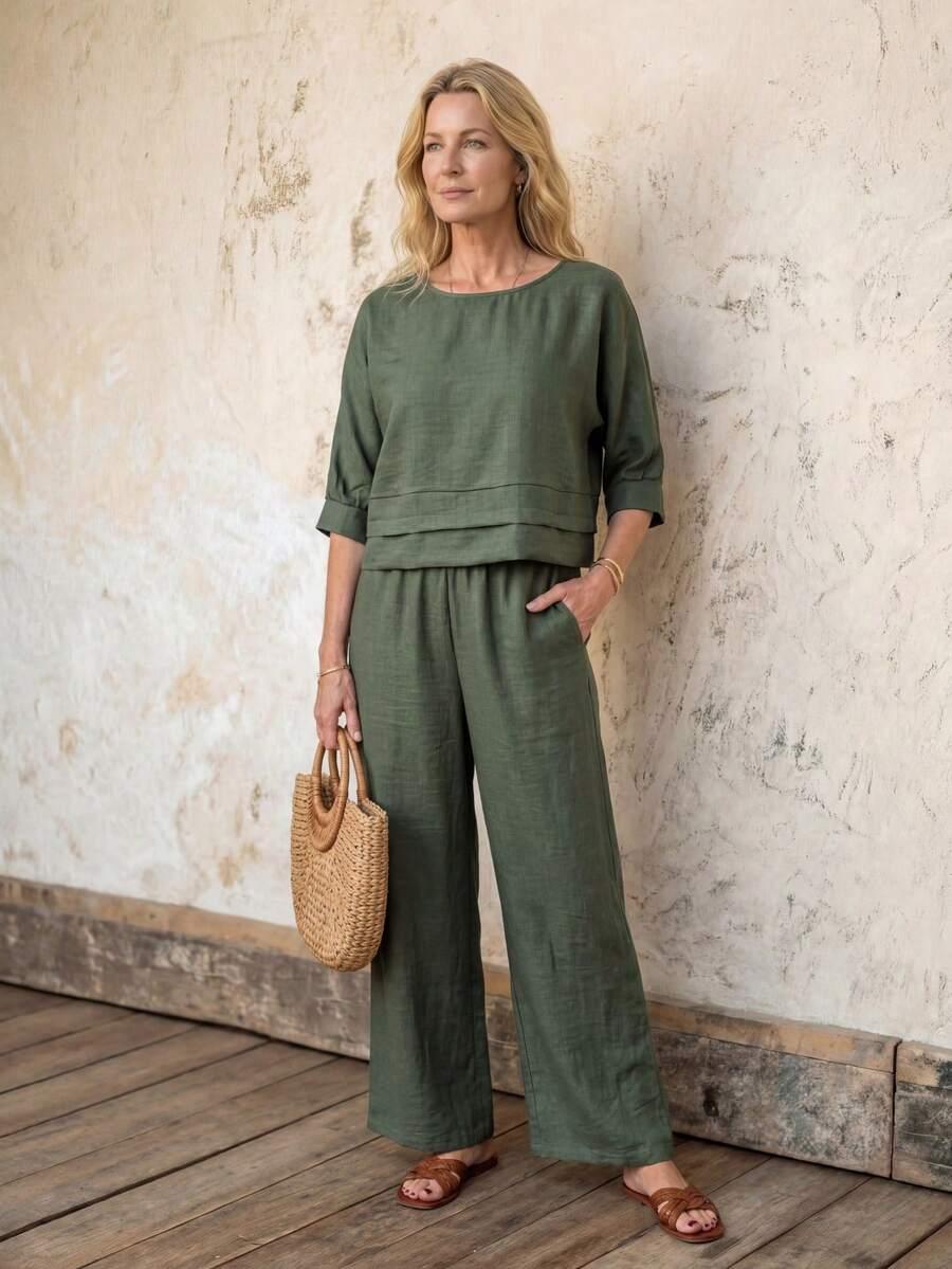 olive green linen round neck shirt and wide-leg trousers