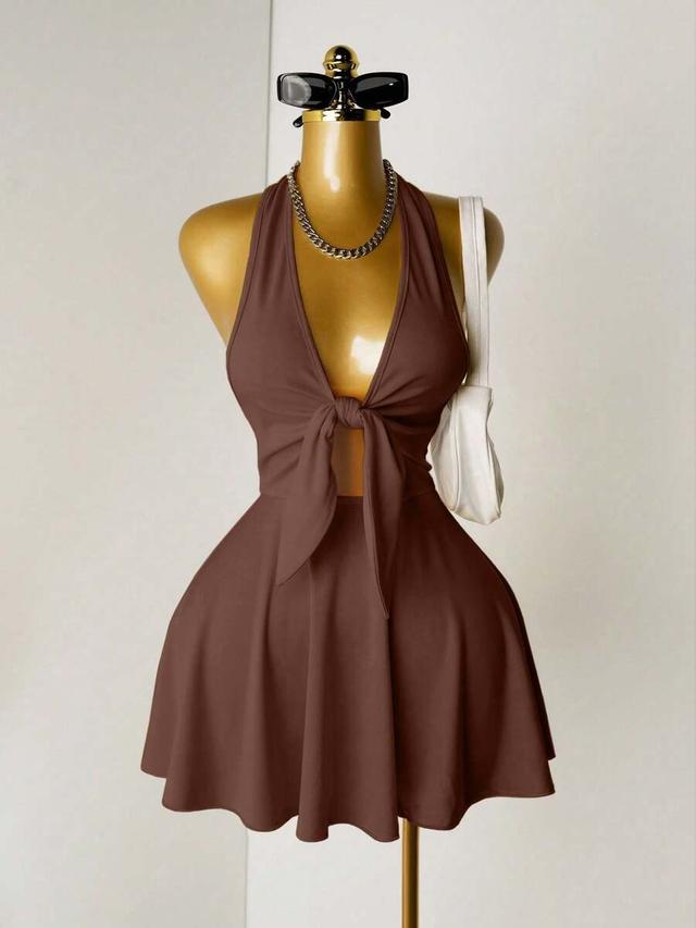mistrie brown solid color front knot halter dress