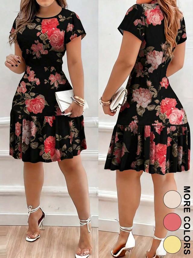 floral print short sleeve drop hem dress