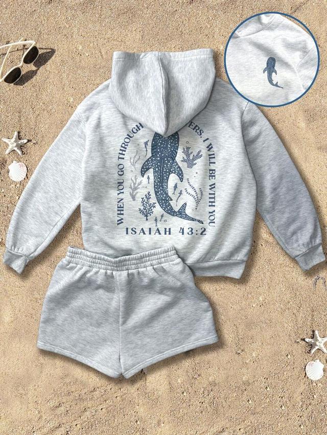 gray whale shark graphic hoodie and shorts set