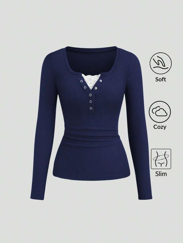 women's navy ribbed long sleeve top with lace trim
