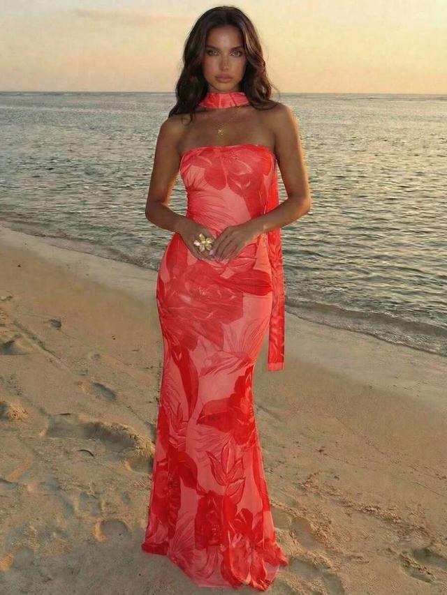 strapless floral print maxi dress in coral